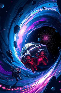A thrilling adventure inside a black hole, featuring a futuristic spaceship surrounded by swirling colors and light distortions