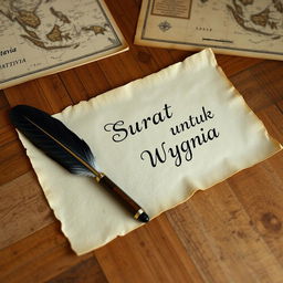 A beautifully crafted teakwood table showcasing an old piece of parchment paper inscribed with the words "Surat untuk Wygnia" elegantly written