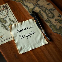 A beautifully crafted teakwood table showcasing an old piece of parchment paper inscribed with the words "Surat untuk Wygnia" elegantly written