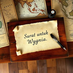 A beautifully crafted teakwood table showcasing an old piece of parchment paper inscribed with the words "Surat untuk Wygnia" elegantly written
