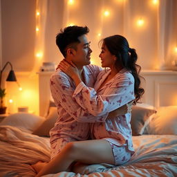 A Chinese man tenderly hugging and kissing his wife in sexy pajamas in their inviting bedroom at night