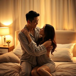 A Chinese man tenderly hugging and kissing his wife in sexy pajamas in their inviting bedroom at night
