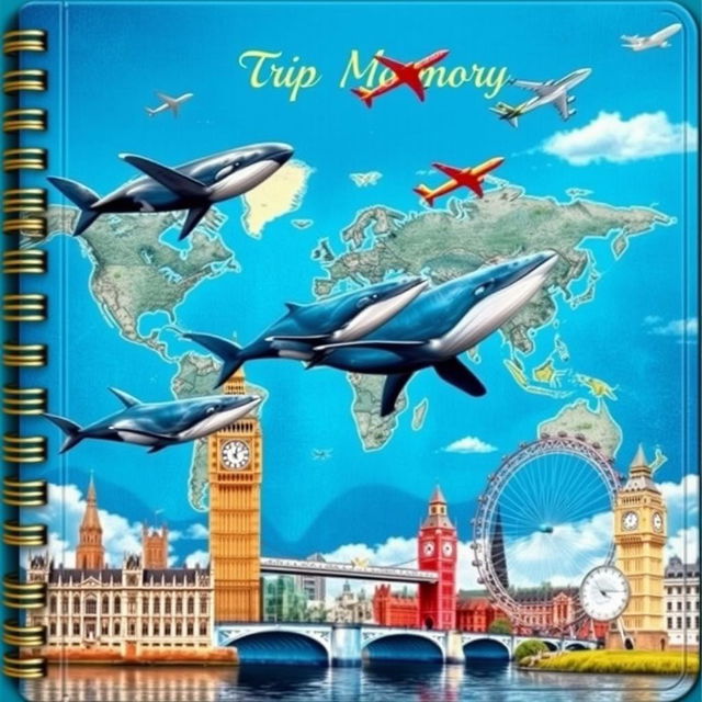 An exquisite cover design for a special Trip Memory Notebook, showcasing enchanting whales swimming in deep blue oceans alongside colorful airplanes flying across clear skies