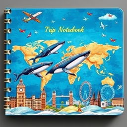 An exquisite cover design for a special Trip Memory Notebook, showcasing enchanting whales swimming in deep blue oceans alongside colorful airplanes flying across clear skies