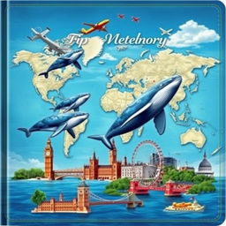 An exquisite cover design for a special Trip Memory Notebook, showcasing enchanting whales swimming in deep blue oceans alongside colorful airplanes flying across clear skies