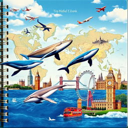 An exquisite cover design for a special Trip Memory Notebook, showcasing enchanting whales swimming in deep blue oceans alongside colorful airplanes flying across clear skies