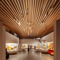 Design an interactive exhibition area within an art museum, brimming with engaging objects and artifacts. Above, a traditional wooden ceiling provides a captivating backdrop to the interactivity below.