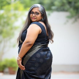 A plus size, 55 year old Indian woman, voluptuous and full-figured, with long grey hair cascading down her back and wearing stylish glasses