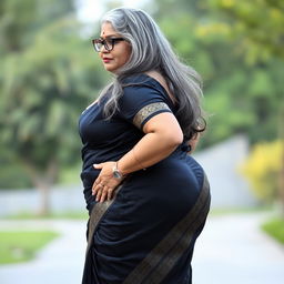 A plus size, 55 year old Indian woman, voluptuous and full-figured, with long grey hair cascading down her back and wearing stylish glasses