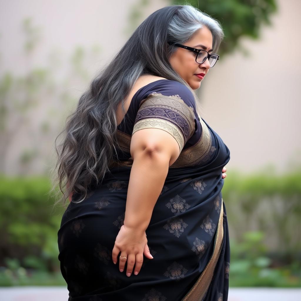 A plus size, 55 year old Indian woman, voluptuous and full-figured, with long grey hair cascading down her back and wearing stylish glasses