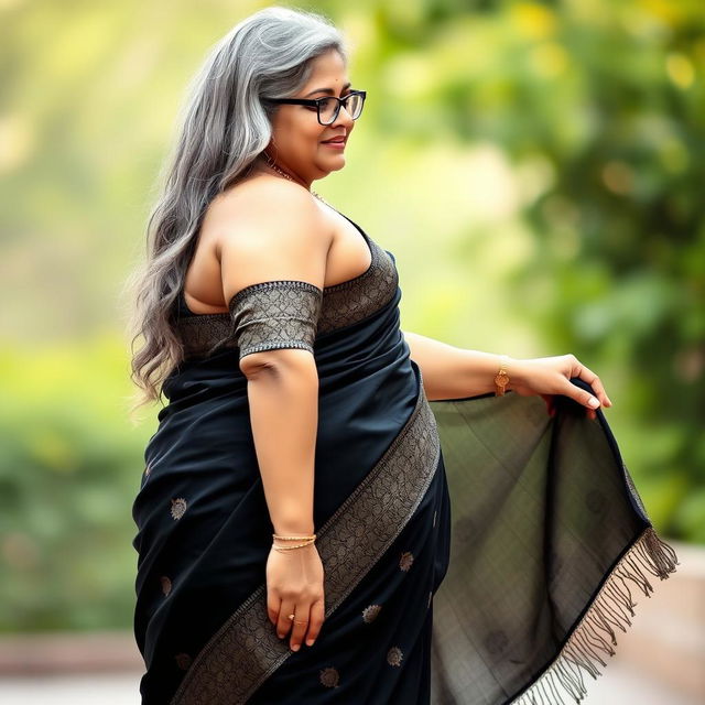 A plus size, 55 year old Indian woman, voluptuous and full-figured, with long grey hair cascading down her back and wearing stylish glasses