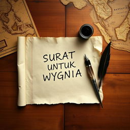 A beautifully crafted teakwood table featuring an old piece of parchment paper with the words "SURAT UNTUK WYGNIA" gracefully inscribed