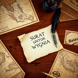 A beautifully crafted teakwood table featuring an old piece of parchment paper with the words "SURAT UNTUK WYGNIA" gracefully inscribed