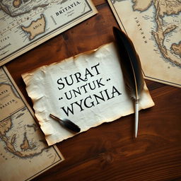 A beautifully crafted teakwood table featuring an old piece of parchment paper with the words "SURAT UNTUK WYGNIA" gracefully inscribed