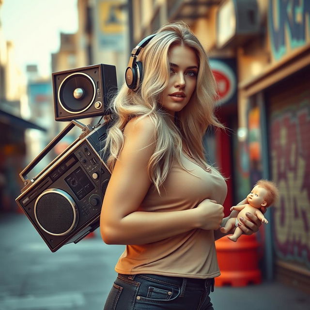 A striking scene of a confident woman with long blond hair wearing headphones, walking down a vibrant city street