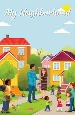 A vibrant community scene depicting various elements of a neighborhood, including a friendly neighbor greeting another, colorful houses with front gardens, and children playing in the park