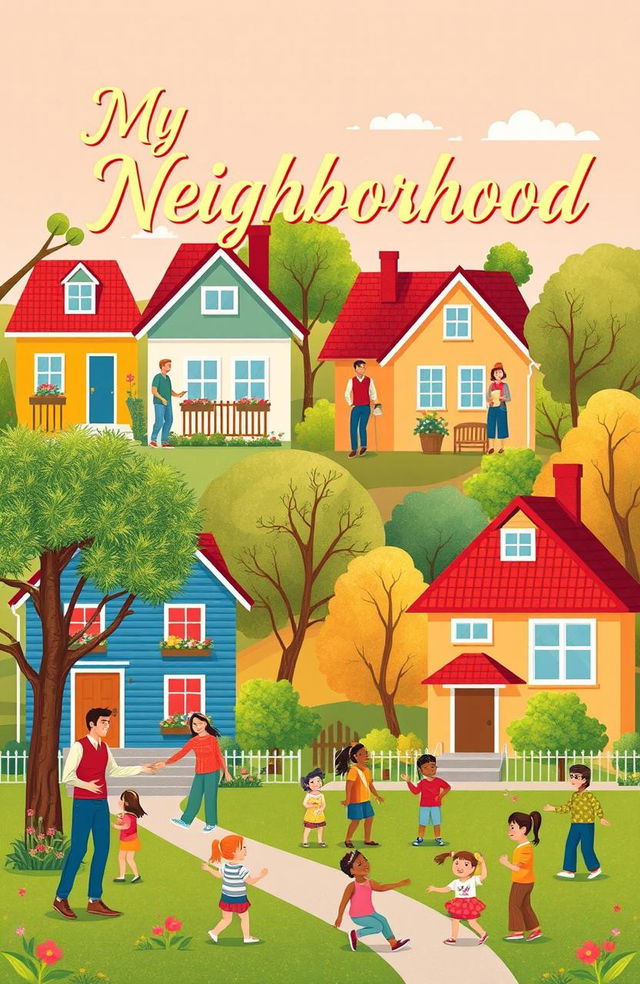 A vibrant community scene depicting various elements of a neighborhood, including a friendly neighbor greeting another, colorful houses with front gardens, and children playing in the park