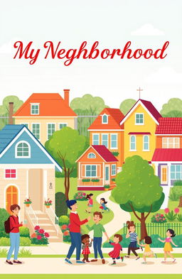 A vibrant community scene depicting various elements of a neighborhood, including a friendly neighbor greeting another, colorful houses with front gardens, and children playing in the park