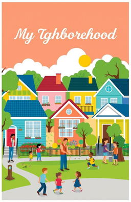 A vibrant community scene depicting various elements of a neighborhood, including a friendly neighbor greeting another, colorful houses with front gardens, and children playing in the park