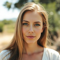 A 30-year-old woman with light skin and long hair, portrayed in a natural style with minimal makeup