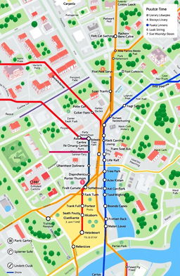 A detailed map showcasing a local public transport route plan