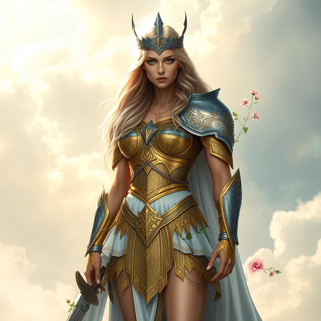 A stunning depiction of the Norse goddess Freya, standing confidently