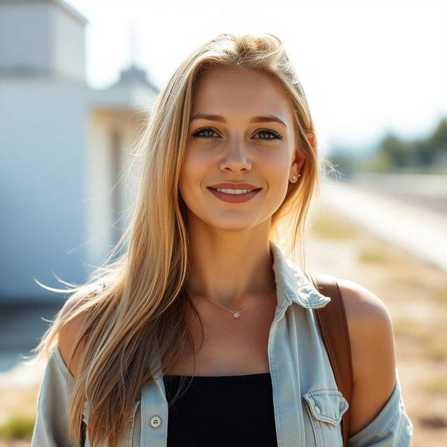 A 35-year-old woman with light skin and long hair, depicted in a natural style with minimal makeup