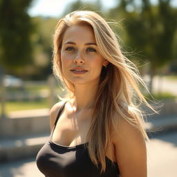 A 35-year-old woman with light skin and long hair, depicted in a natural style with minimal makeup