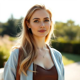 A 35-year-old woman with light skin and long hair, depicted in a natural style with minimal makeup