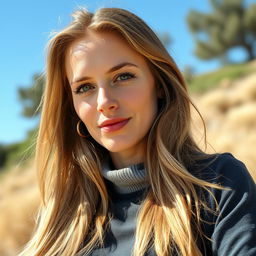 A 35-year-old woman with light skin and long hair, depicted in a natural style with minimal makeup