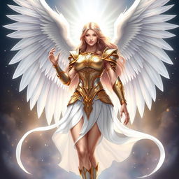 A breathtaking illustration of the goddess Freya, featuring majestic white wings elegantly spread behind her