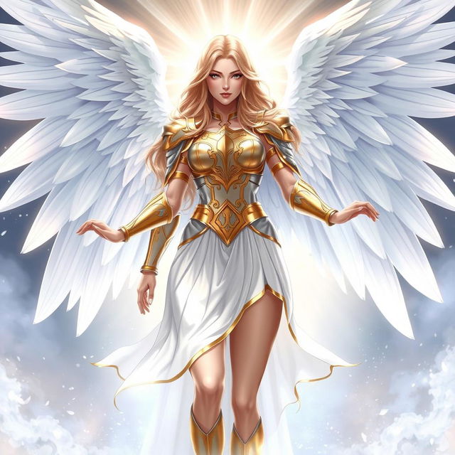 A breathtaking illustration of the goddess Freya, featuring majestic white wings elegantly spread behind her