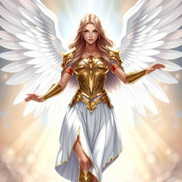 A breathtaking illustration of the goddess Freya, featuring majestic white wings elegantly spread behind her