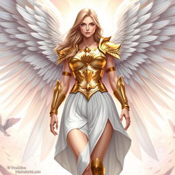 A breathtaking illustration of the goddess Freya, featuring majestic white wings elegantly spread behind her