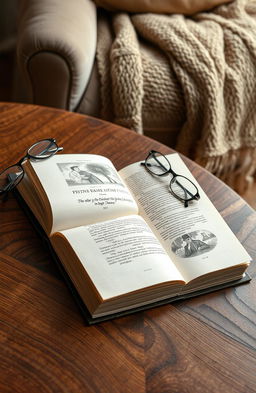 An artistic representation of an open book lying on a beautifully textured, rich wooden surface