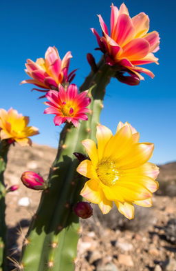 A vibrant and striking image of a flowering cactus, showcasing its colorful and intricate blooms