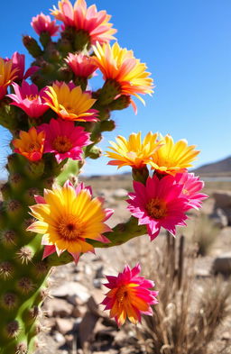 A vibrant and striking image of a flowering cactus, showcasing its colorful and intricate blooms