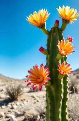 A vibrant and striking image of a flowering cactus, showcasing its colorful and intricate blooms