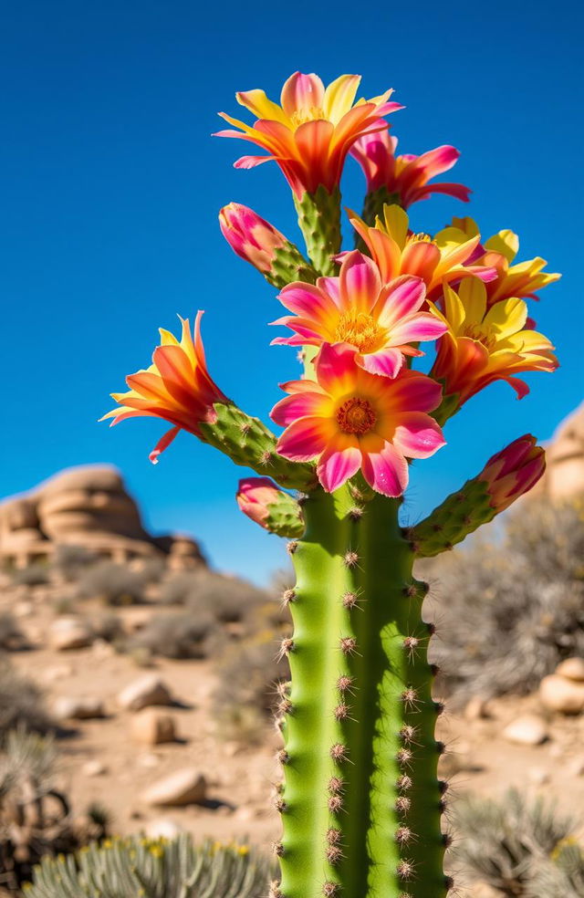 A vibrant and striking image of a flowering cactus, showcasing its colorful and intricate blooms