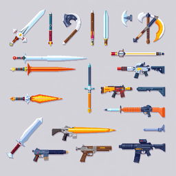 Pixel art showcasing a variety of weapons including swords, axes, bows, futuristic cyberpunk weapons, and firearms
