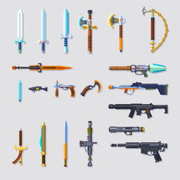 Pixel art showcasing a variety of weapons including swords, axes, bows, futuristic cyberpunk weapons, and firearms