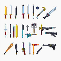 Pixel art showcasing a variety of weapons including swords, axes, bows, futuristic cyberpunk weapons, and firearms