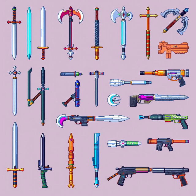 Pixel art showcasing a variety of weapons including swords, axes, bows, futuristic cyberpunk weapons, and firearms