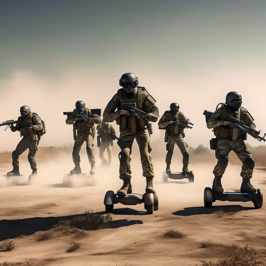 10 combatants, in military camouflage, in the sky, on hover-boards, all combatants are armed with assault rifles and clad in skeleton face mask and normal bullet proof vests