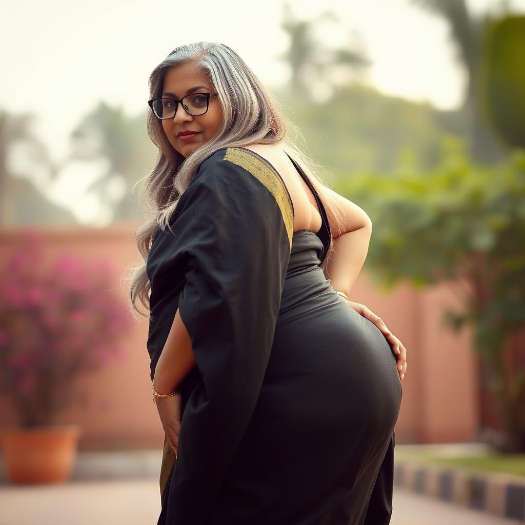 A plus size, 55 year old Indian woman, voluptuous and full-figured, with long grey hair cascading elegantly and wearing stylish glasses