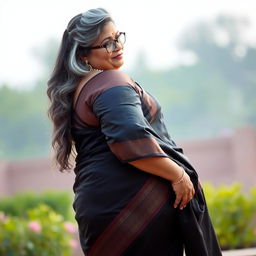 A plus size, 55 year old Indian woman, voluptuous and full-figured, with long grey hair cascading elegantly and wearing stylish glasses