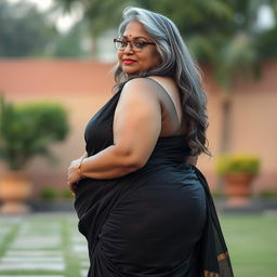 A plus size, 55 year old Indian woman, voluptuous and full-figured, with long grey hair cascading elegantly and wearing stylish glasses