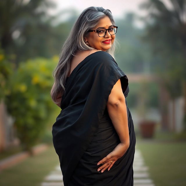 A plus size, 55 year old Indian woman, voluptuous and full-figured, with long grey hair cascading elegantly and wearing stylish glasses