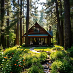 A charming wooden house nestled in a dense forest, surrounded by tall pine and oak trees