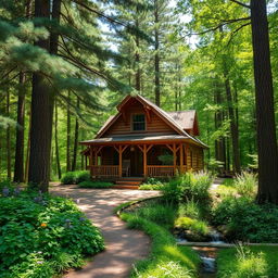 A charming wooden house nestled in a dense forest, surrounded by tall pine and oak trees